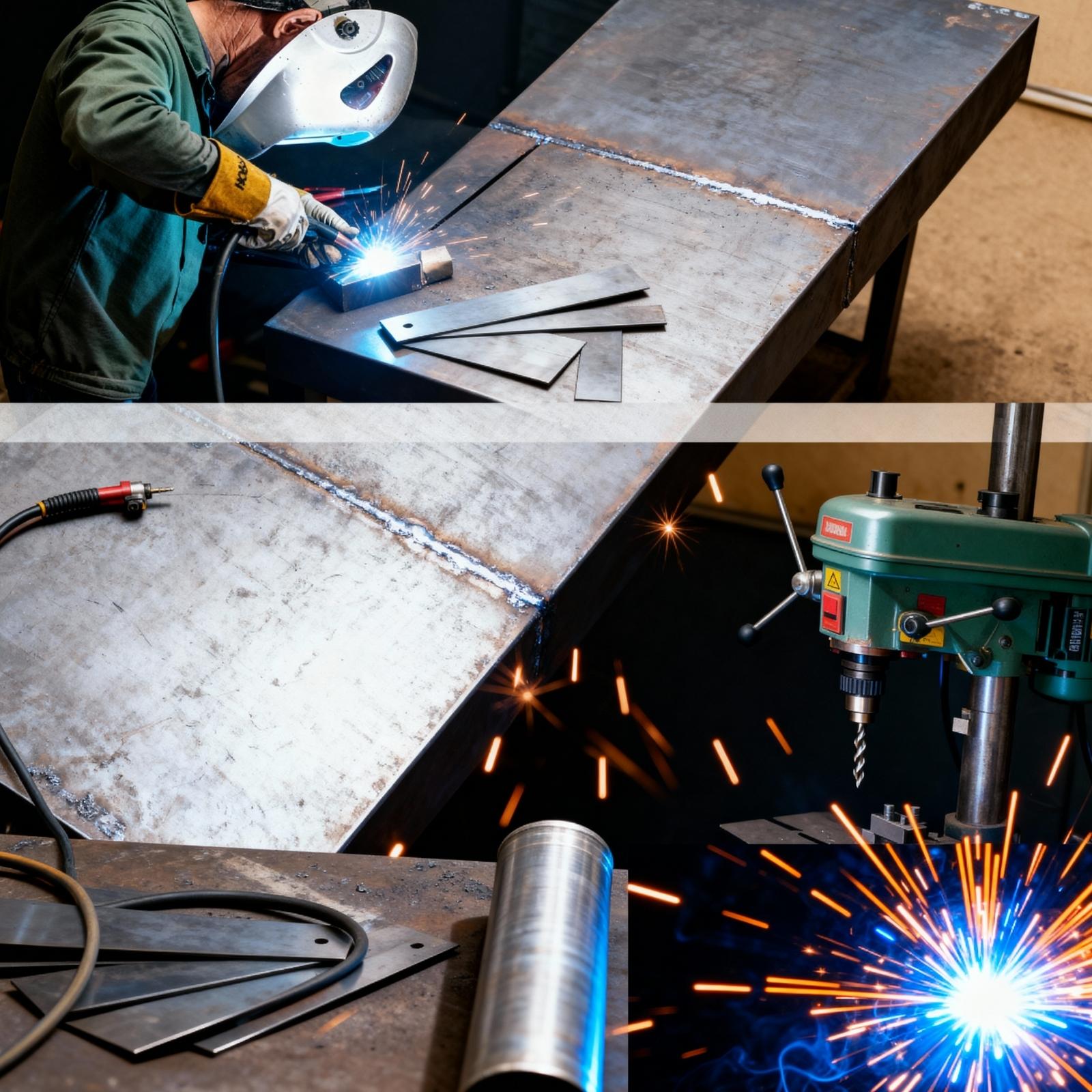 A person welding sheet in a metal workshop.